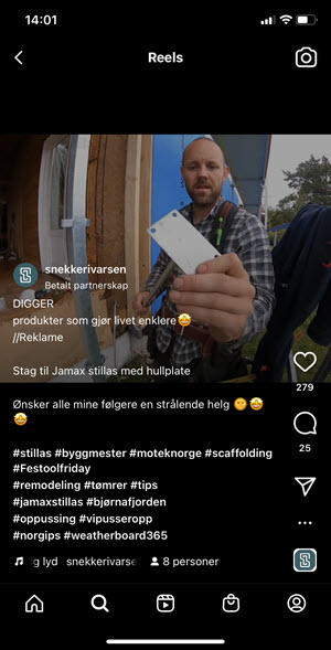Snekker Ivarsen på Instagram: Forteller om Jamax veggfester med plate som gjør arbeidsdagen enklere.